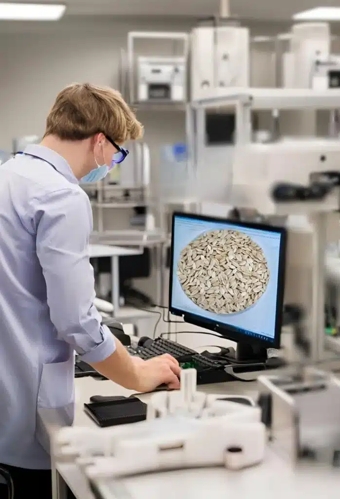 Laboratory technician analyze grain samples
